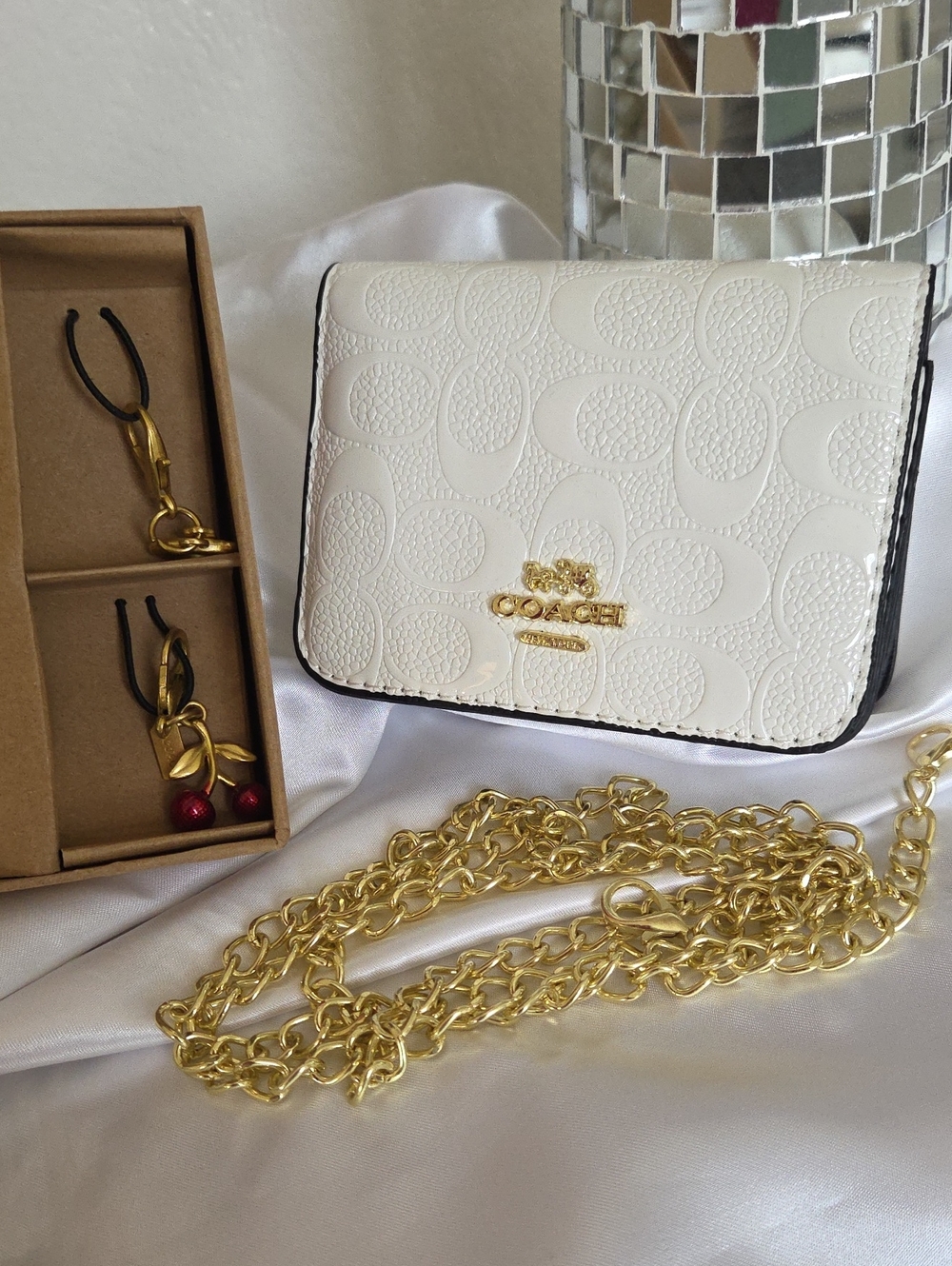White Mini Crossbody Wallet with Gold Chain